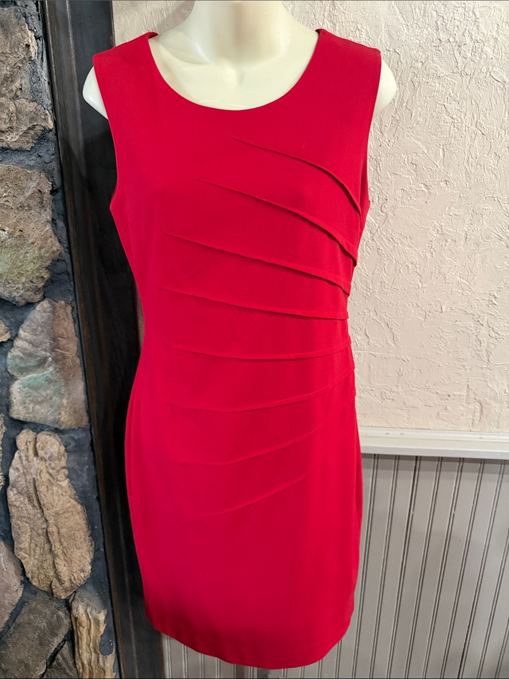 Calvin Klein Red Sleeveless Sheath Dress with Layered Front Detail
